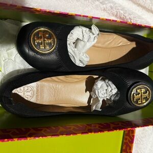 Tory Burch Black Flats with Gold Logo